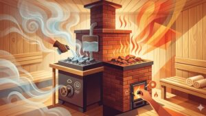 Иллюстрация печи для русской бани с паром и сухим жаром для выбора режима